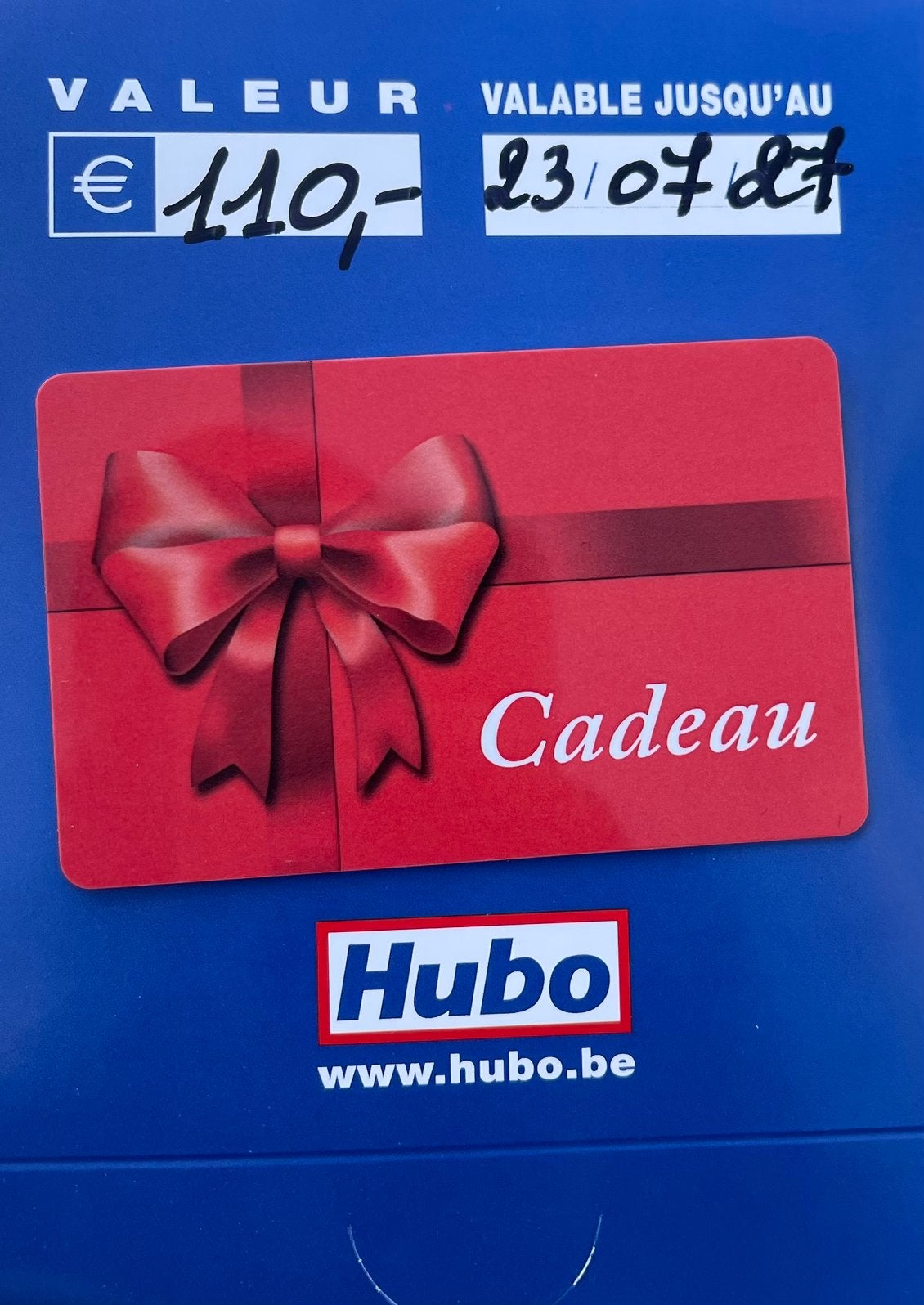 Chèque cadeau Hubo de 110 €, Tickets & Billets, Réductions & Chèques cadeaux, Une personne, Bon Dépôt ou Magasin, Bon cadeau