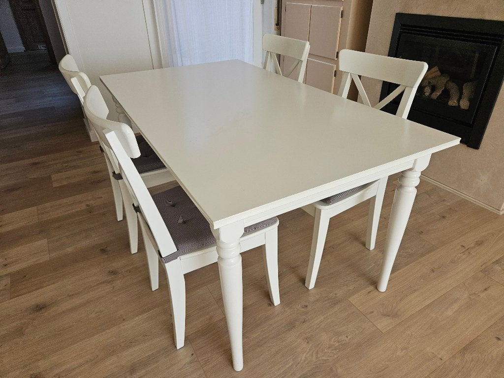 Table à manger extensible blanche + 6 chaises, Maison & Meubles, Quatre personnes, 150 à 200 cm, Landelijk / klassiek-modern, Enlèvement