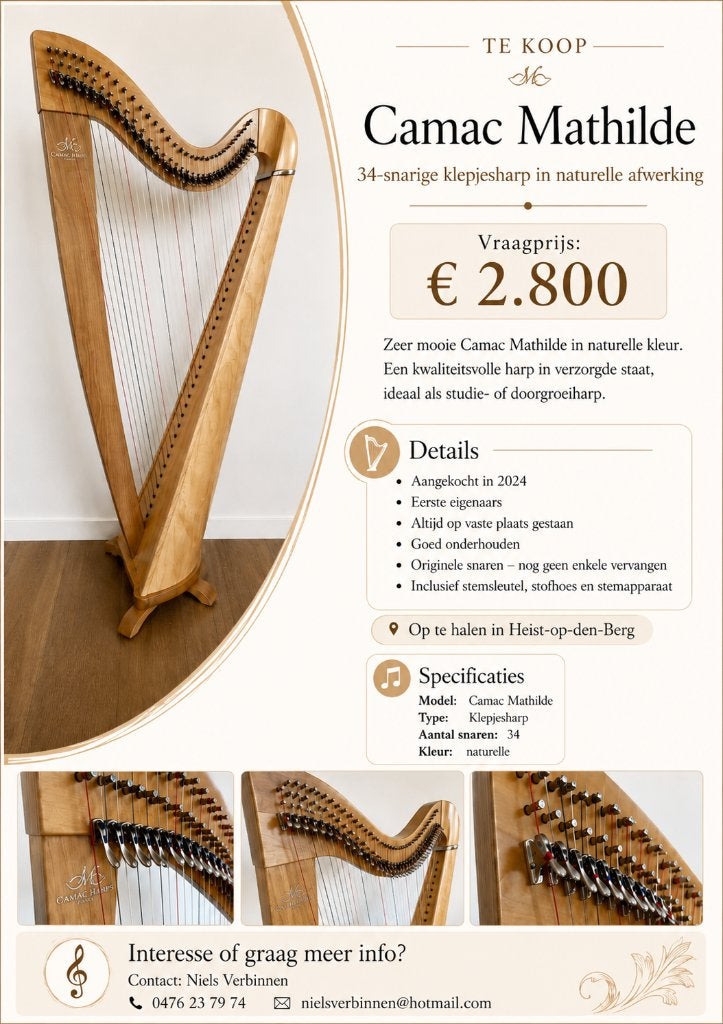 Camac Mathilde harp – naturelle afwerking - zeer mooie staat, Ophalen, Zo goed als nieuw