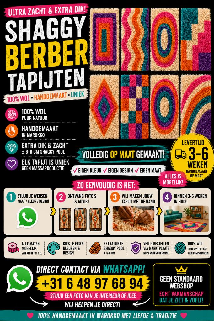 Shaggy handgemaakte wollen Berber tapijten – uniek & zacht, Crème, Ophalen of Verzenden, 200 cm of meer, Shaggy, berber, wol, handgemaakt