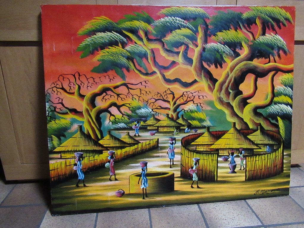 Senegalees schilderij gesigneerd, Antiek en Kunst, Ophalen, Gesigneerd