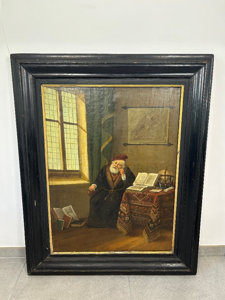 Grande huile sur toile du 19ème signée, érudit pensif, Antiquités & Art, Art | Peinture | Classique, Autres sujets, École hollandaise