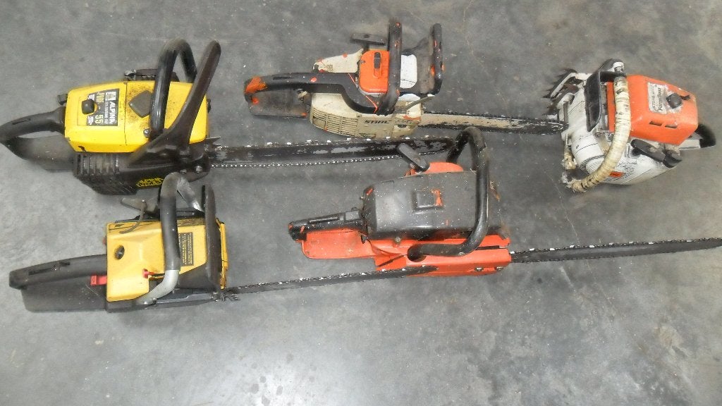 vijf kettingzagen, Doe-het-zelf en Bouw, Gereedschap | Zaagmachines, Ophalen, Gebruikt, Kettingzaag