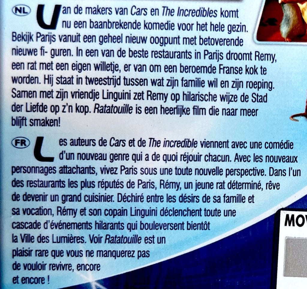 RATATOUILLE (Met Audio & ST NL / FR / ANG ) Staat Als Nieuw, Inclusief extra's, Alle leeftijden, Nederlands, Film