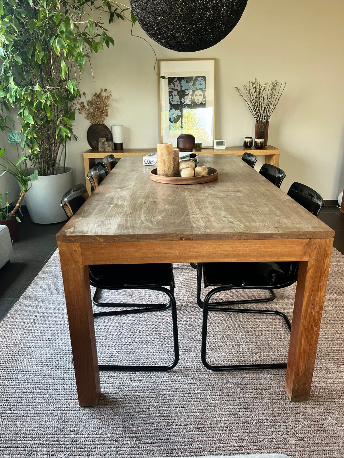 Teak tafel met 6 zwarte stoelen, Huis en Inrichting, Tafels | Eettafels, Ophalen, Teakhout, Gebruikt, 50 tot 100 cm