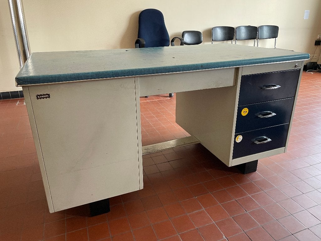 bureau metaal Mewaf werkblad blauw pvc, Maison & Meubles, Autres marques, Métal, Bureau duo, Enlèvement