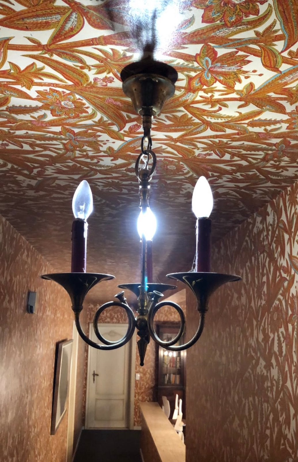 vintage hanglamp / kroonluchter – Messing met 3 lichtpunten, Ophalen