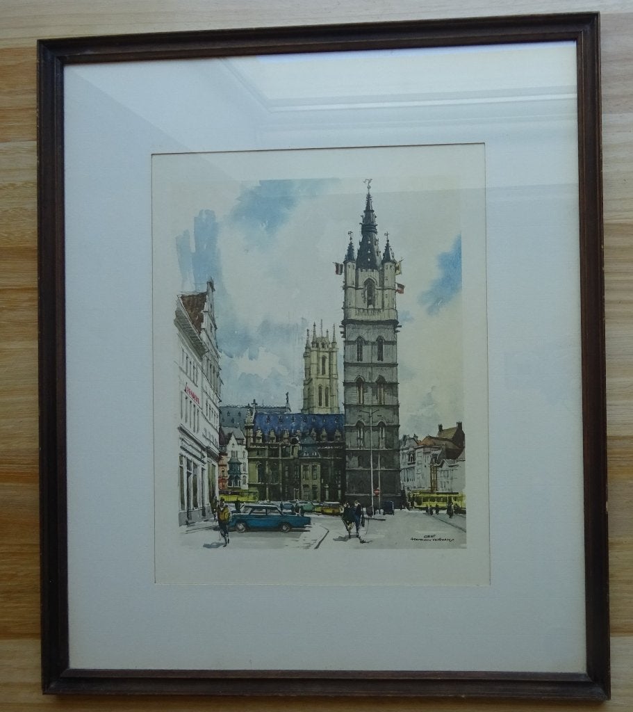 Gent, prent door Herman Verbaere, Ophalen, Ingelijst, 1950 - 1999, Overige technieken
