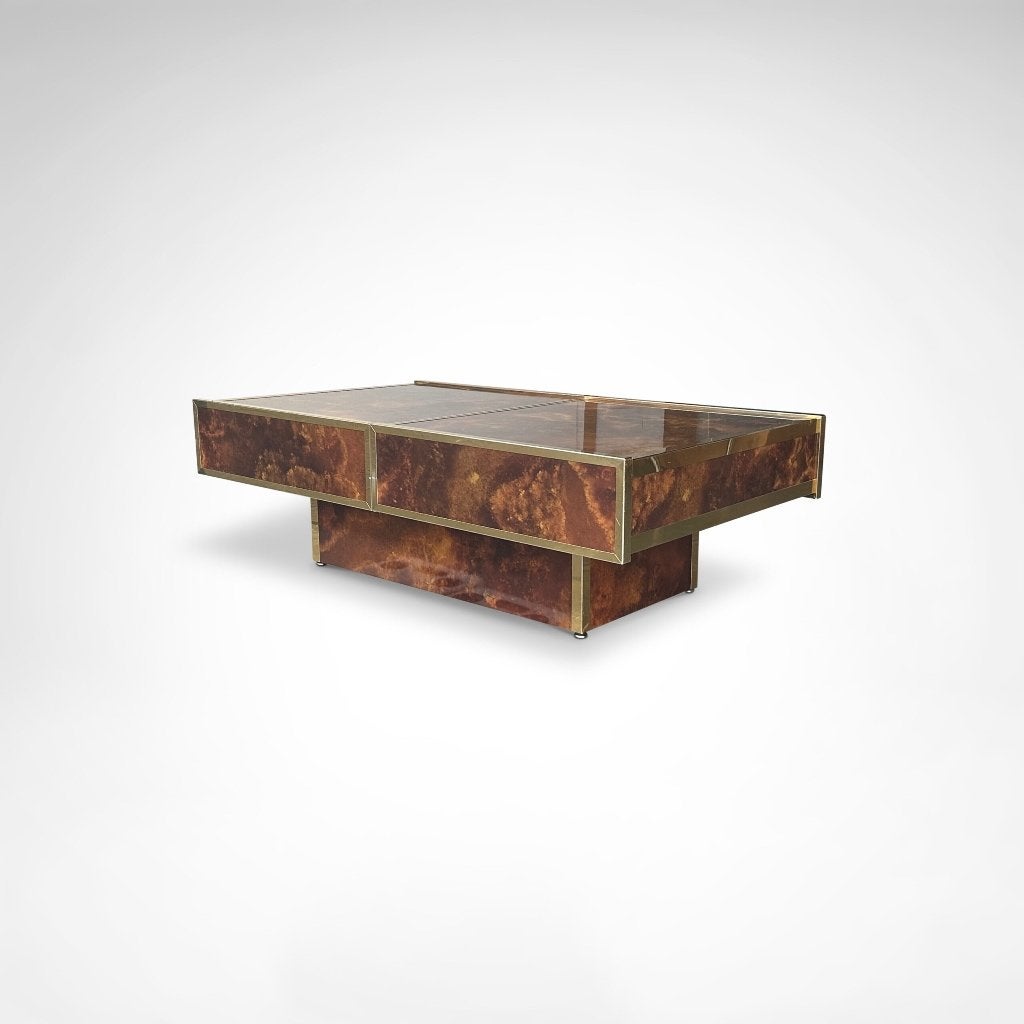 Table basse Burl en laiton avec bar intégré | Maison Lancel, Maison & Meubles, Hollywood regency, Autres essences de bois, 50 à 100 cm
