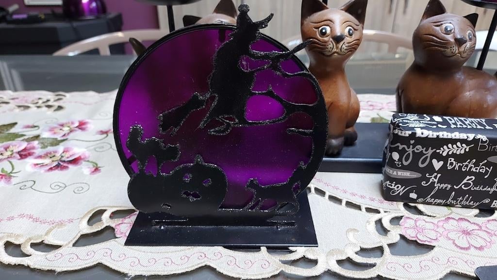 Halloween, theelichthouder heks en kat. Metaal, Ophalen, Zo goed als nieuw, Metaal