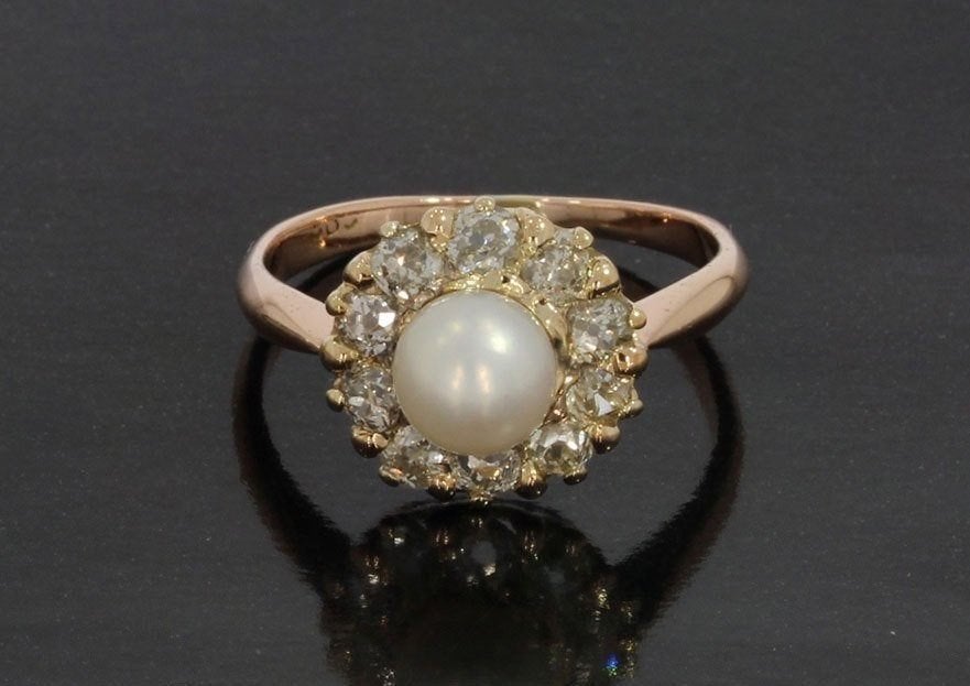 Grote diamanten parel fraai antieke ring 14k goud briljant, Ophalen of Verzenden, Goud, Ring