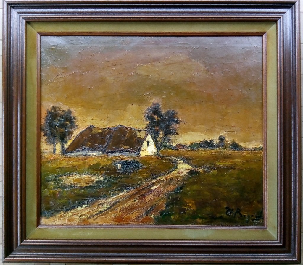 Schilderij Heide hoeve van Theo Bogaert, Ophalen, Impressionistisch, Ingelijst, Stads- / dorpsgezicht