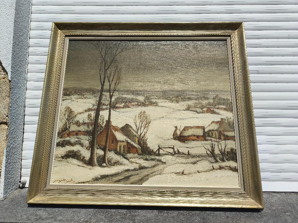 Huile sur toile paysage enneigé signe, Enlèvement