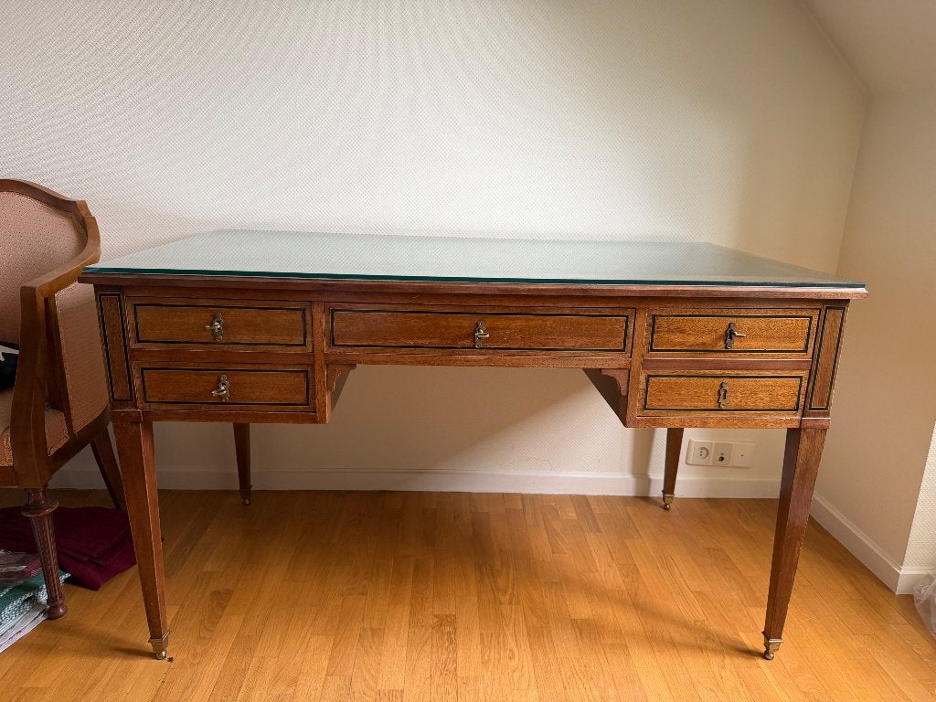 Louis XVI bureau, massief hout en groen leer, Ophalen