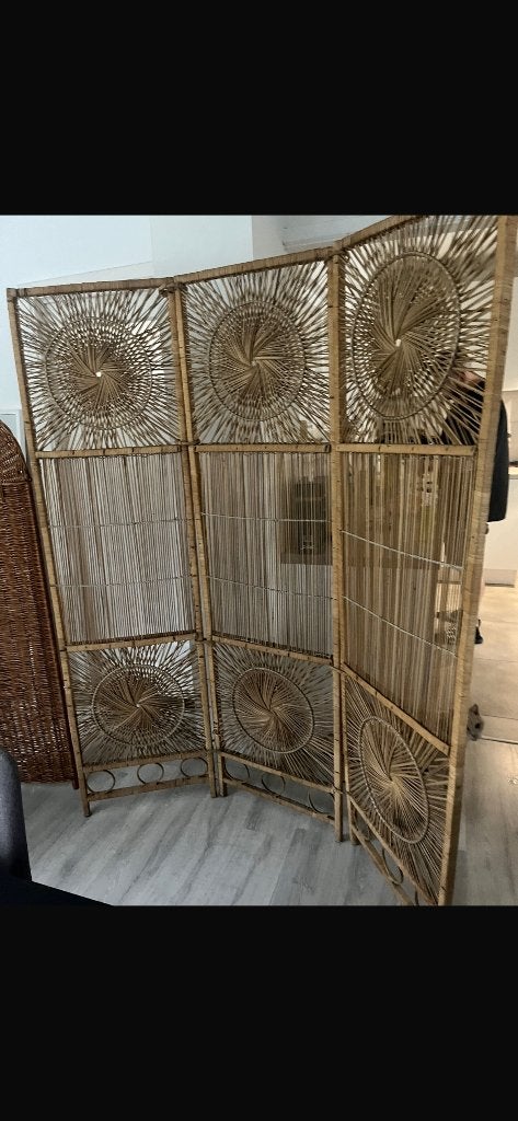 Vintage rotan paravent met zonmotief  - boho jaren 70, Ophalen, Gebruikt