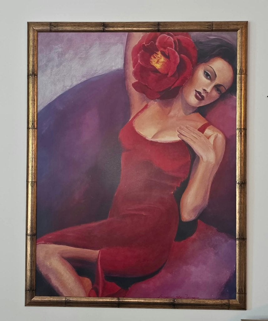 Tableau femme robe rouge, cadre doré 65x85 (sans verre), Enlèvement, Comme neuf, Verre, Doré