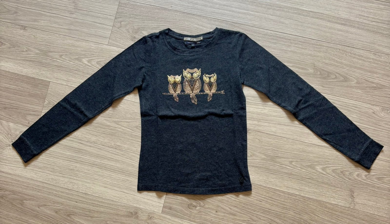 Donkergrijze longsleeve met gouden uilen JBC maat 152, Enlèvement ou Envoi, Utilisé, Fille, Chemise ou À manches longues
