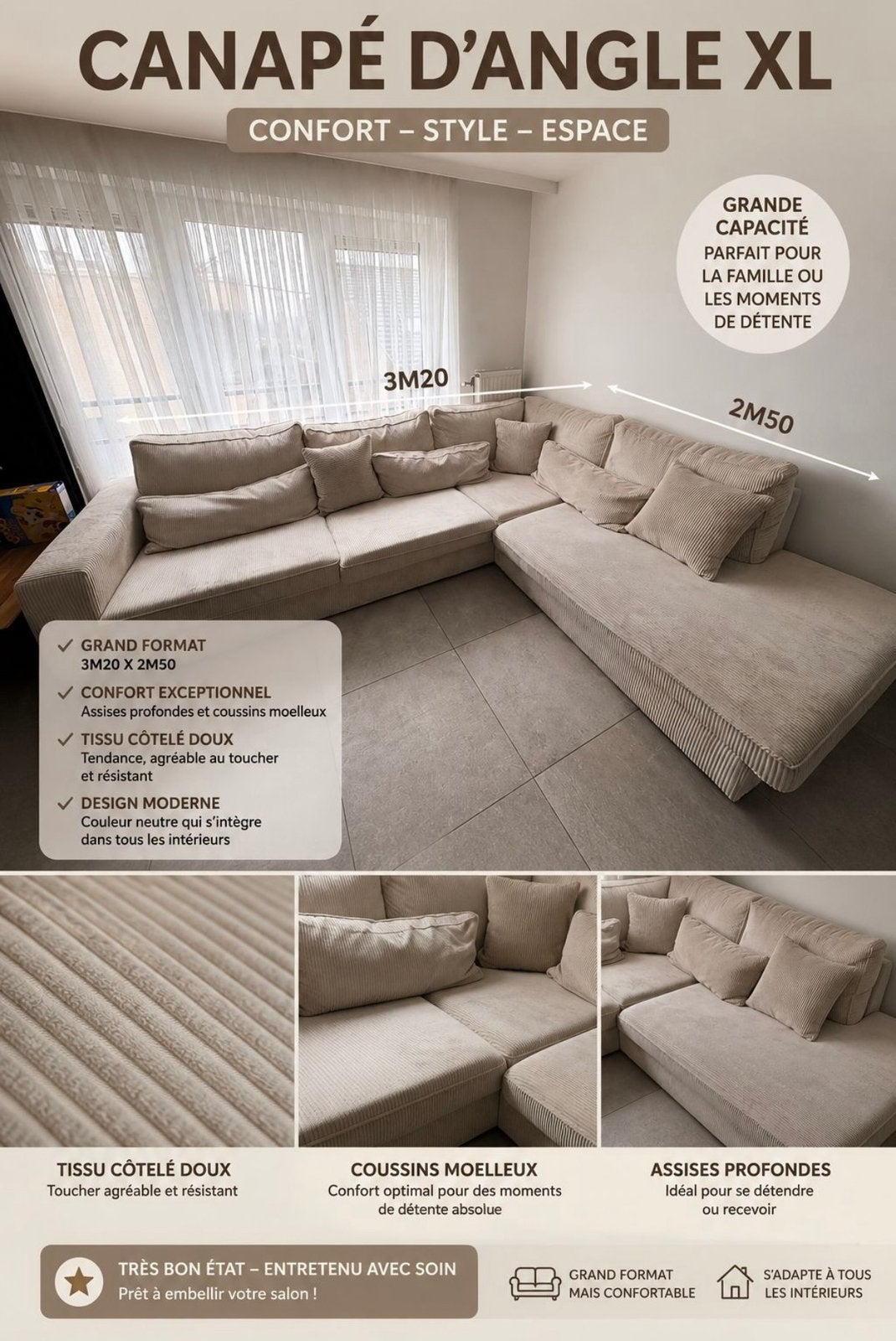 Canape L beige, Enlèvement ou Envoi, Comme neuf, Beige