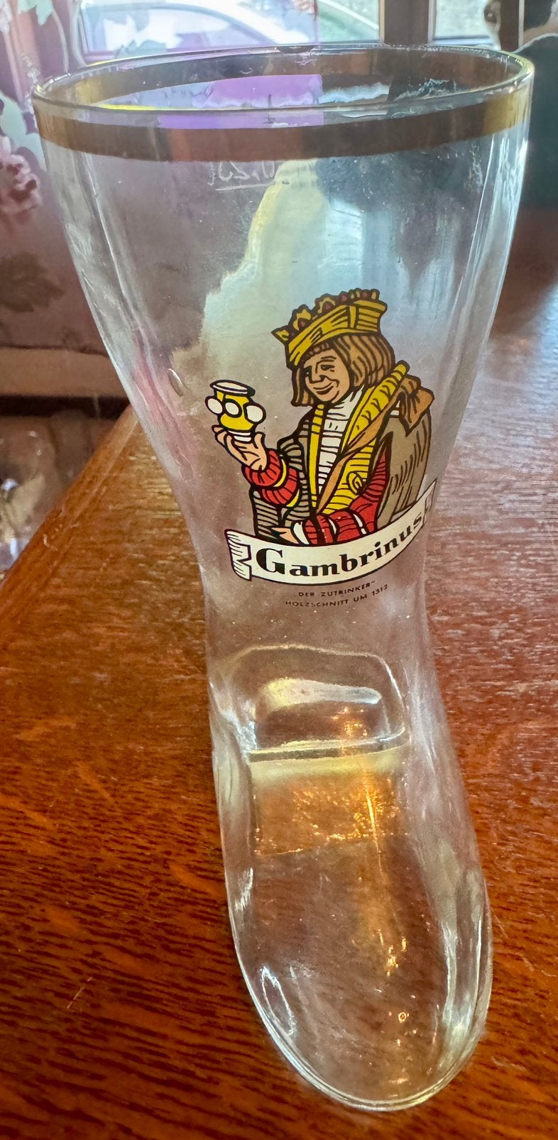 "Vintage Duitse Bierlaars / Bierstiefel Gambrinus goudrand, Ophalen, Zo goed als nieuw
