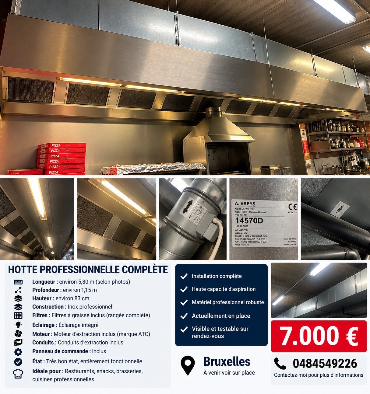 Hotte professionnelle complète – 5,80 m – 7.000 €, Enlèvement, Cuisinière, Friteuse et Grils