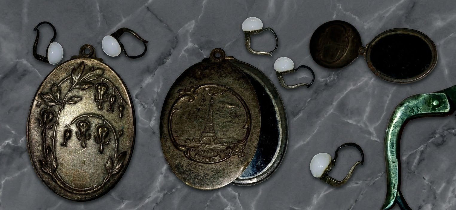 Lot Art Nouveau : miroir de poche, boucles d'oreilles, Enlèvement, Autres matériaux, Boucles d'oreilles