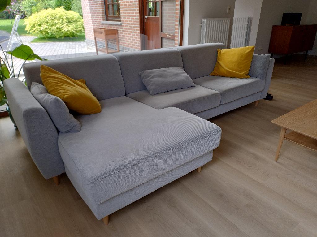 Lichtgrijze driezit met chaise longue, Ophalen, 125 tot 150 cm, Driepersoons, Scandinavisch