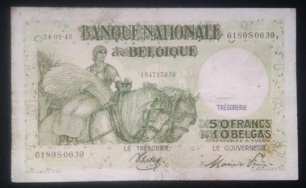 belgie 50 frank/10 belgas model 1927 met tekst - 24-1-45, Postzegels en Munten, Ophalen of Verzenden, Los biljet