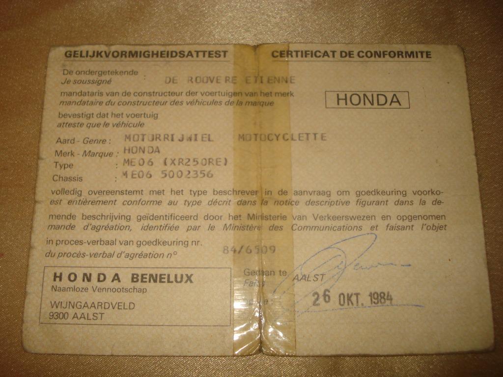 Ancien Certificat Conformité Moto Honda XR-250 RE 1984, Enlèvement ou Envoi, Honda