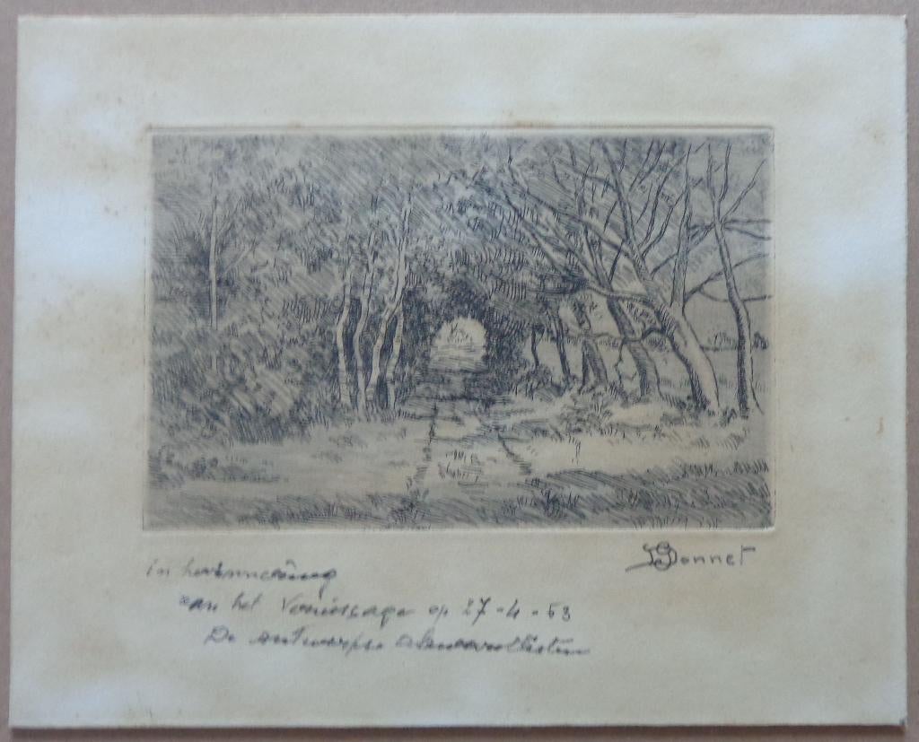 GUSTAVE DONNET / BOSZICHT /ZW-W ETS / 19x24cm / SIG, Ophalen of Verzenden