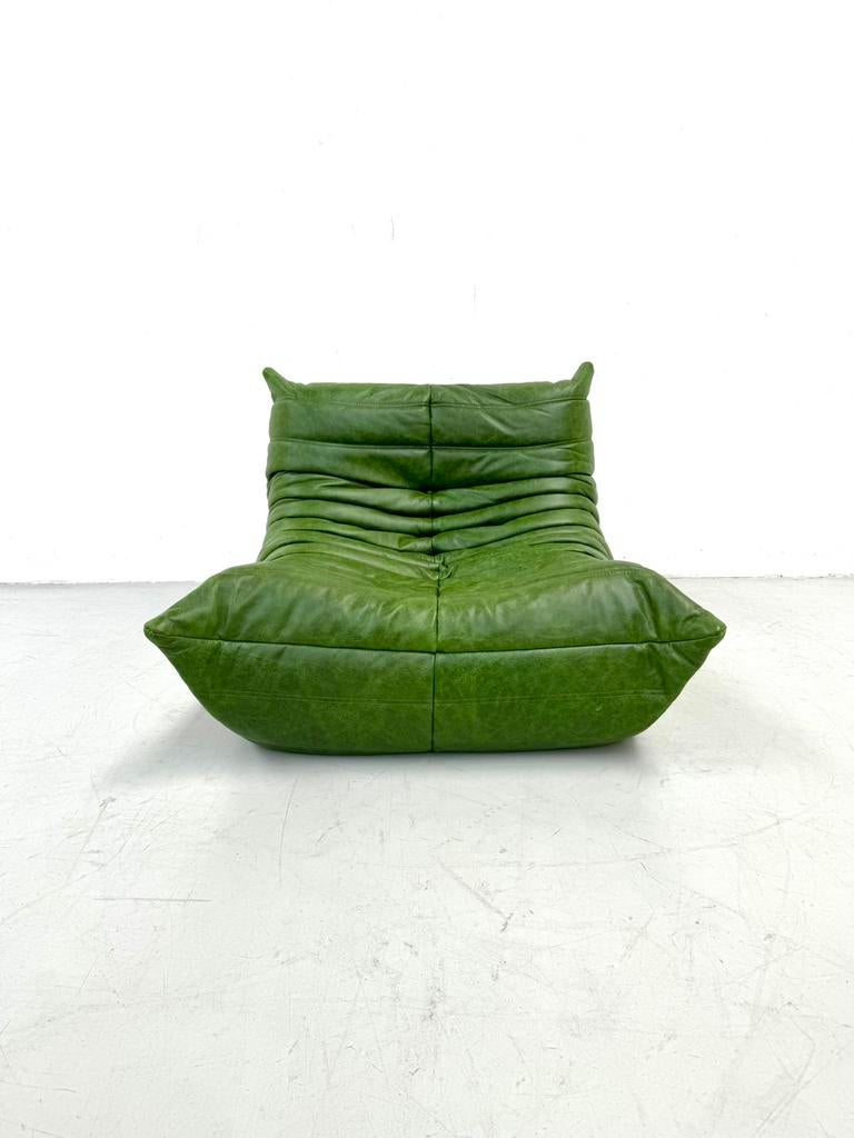 Togo 1-seater in Green Leather by Ducaroy for Ligne Roset., Maison & Meubles, Fauteuils, Enlèvement ou Envoi, Comme neuf, Cuir