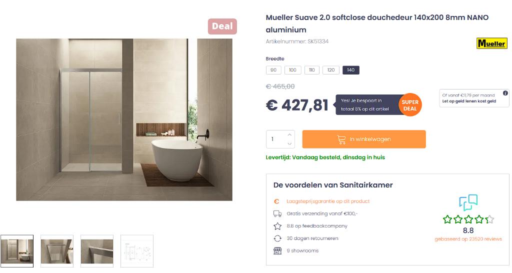 douchedeur 140 -200, Ophalen, Nieuw, Glas, Douche