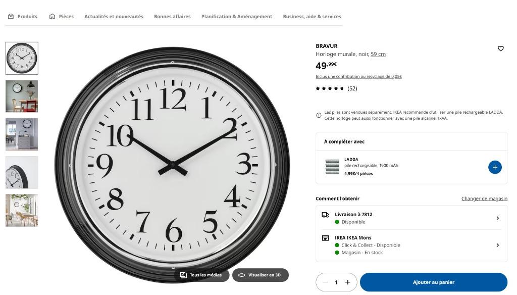 Horloge murale IKEA, noir, 59 cm, Maison & Meubles, Accessoires pour la Maison | Horloges, Enlèvement ou Envoi, Comme neuf, Digital