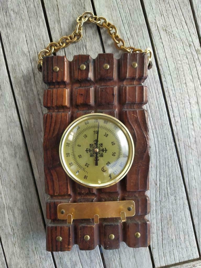 Thermometer op hout met ketting om op te hangen - 10 x 19 cm, Ophalen of Verzenden