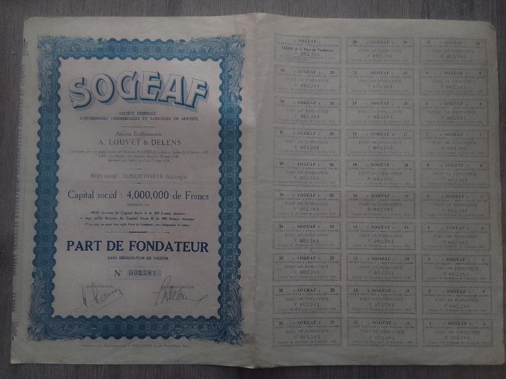Titre Action  SOGEAF Elisabethville Katanga 1928, Enlèvement ou Envoi, 1920 à 1950, Action