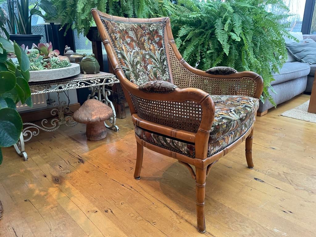 Fauteuil Giorgetti vintage en faux bambou en tissu exotique, Maison & Meubles, Fauteuils, Comme neuf, Tissus, Enlèvement