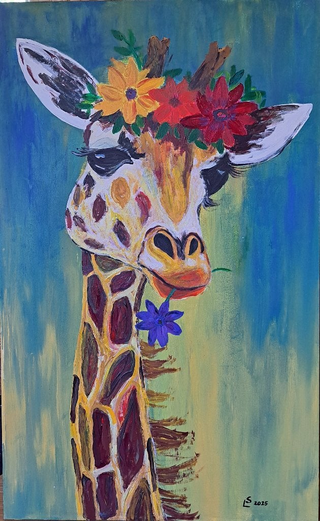 Tableau acrylique/bois « Ma girafe à nous », Enlèvement, Bois, Signé