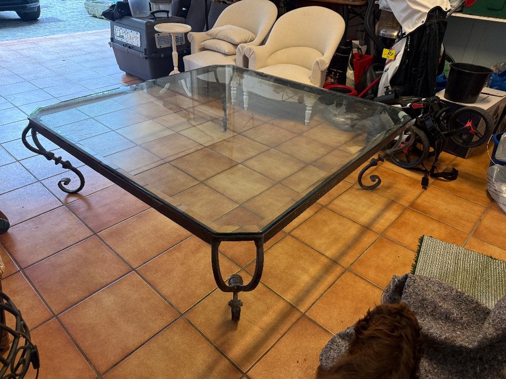 table basse, structure forgée avec plateau en verre, Maison & Meubles, 100 à 150 cm, Frans, Verre, Carré