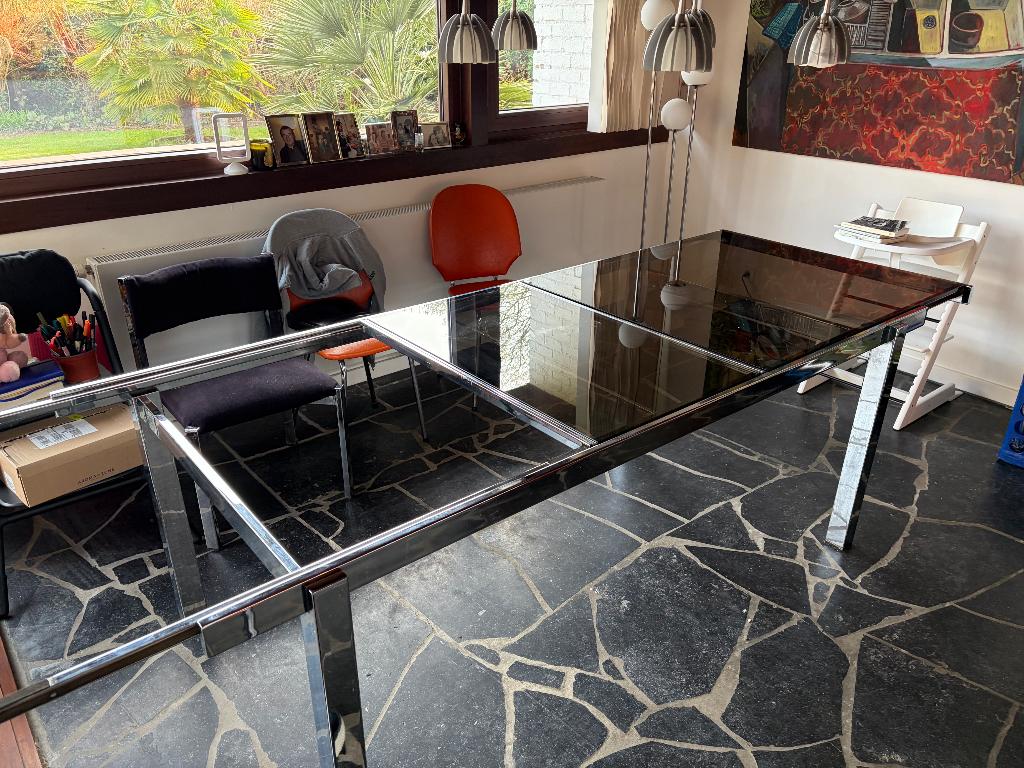 Table à manger Chrome et Verre fumé, Année 70 Chrome et verre fumé, Verre, Enlèvement, Utilisé