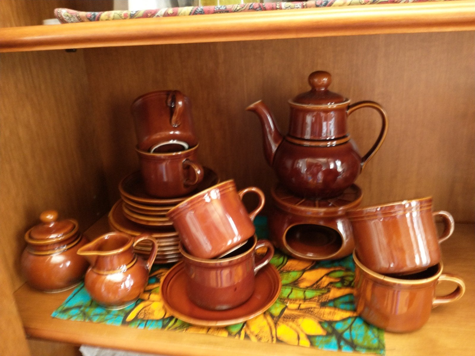 Vintage keramisch koffieservies voor 6 pers donkerbruin, Ophalen