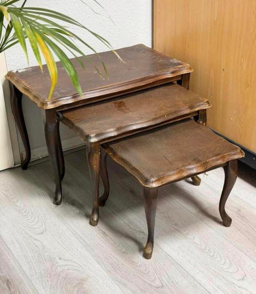 3 Louis XV-stijl nesttafels vintage hout houten bijzettafels, Ophalen of Verzenden
