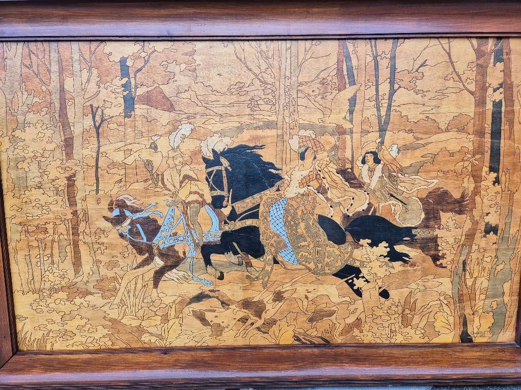 Tableau en marquetterie scène de chasse médiévale, Antiquités & Art, Enlèvement