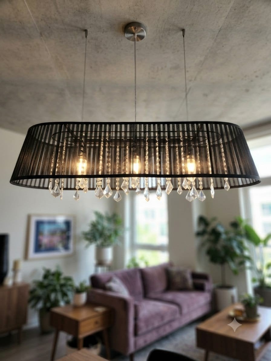 Hanglamp zwarte voile met glazen hangers, Ophalen, E14 (klein), Glas, Boudoir