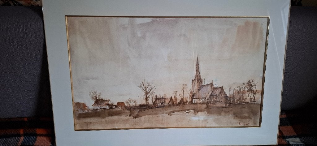 Aquarel Van Gucht - afmeting L 87 cm B 56 cm, Enlèvement, Sous verre, Aquarelle