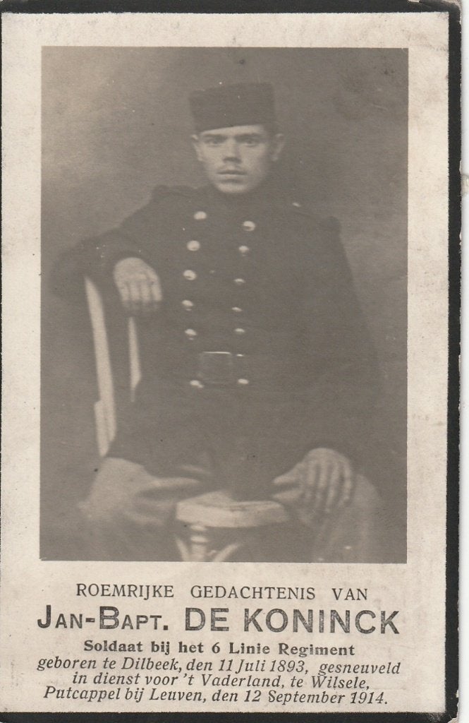 Gesneuvelde 1914-1918 Jan Bapt. De Koninck  Dilbeek-Wilsele, Collections, Images pieuses & Faire-part, Envoi
