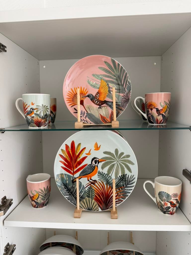 Lot de vaisselle avec motifs d’oiseaux tropicaux neuve, Enlèvement ou Envoi