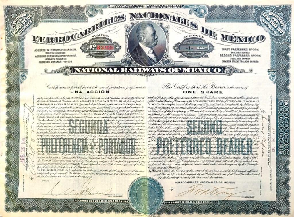National Railways of Mexico 1910, Postzegels en Munten, Aandelen en Waardepapieren, Ophalen of Verzenden, Voor 1920, Certificaat van aandeel
