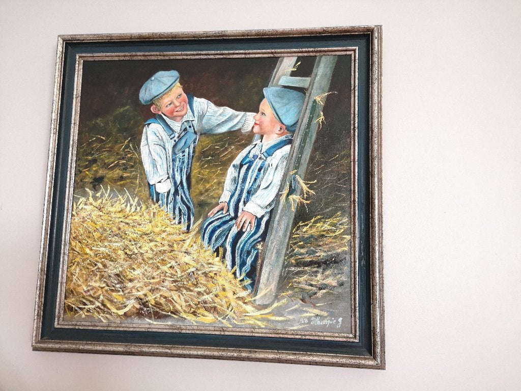Schilderij op doek De Hooizolder (zie foto's), Antiquités & Art, Art | Peinture | Classique, Enlèvement ou Envoi, École hollandaise