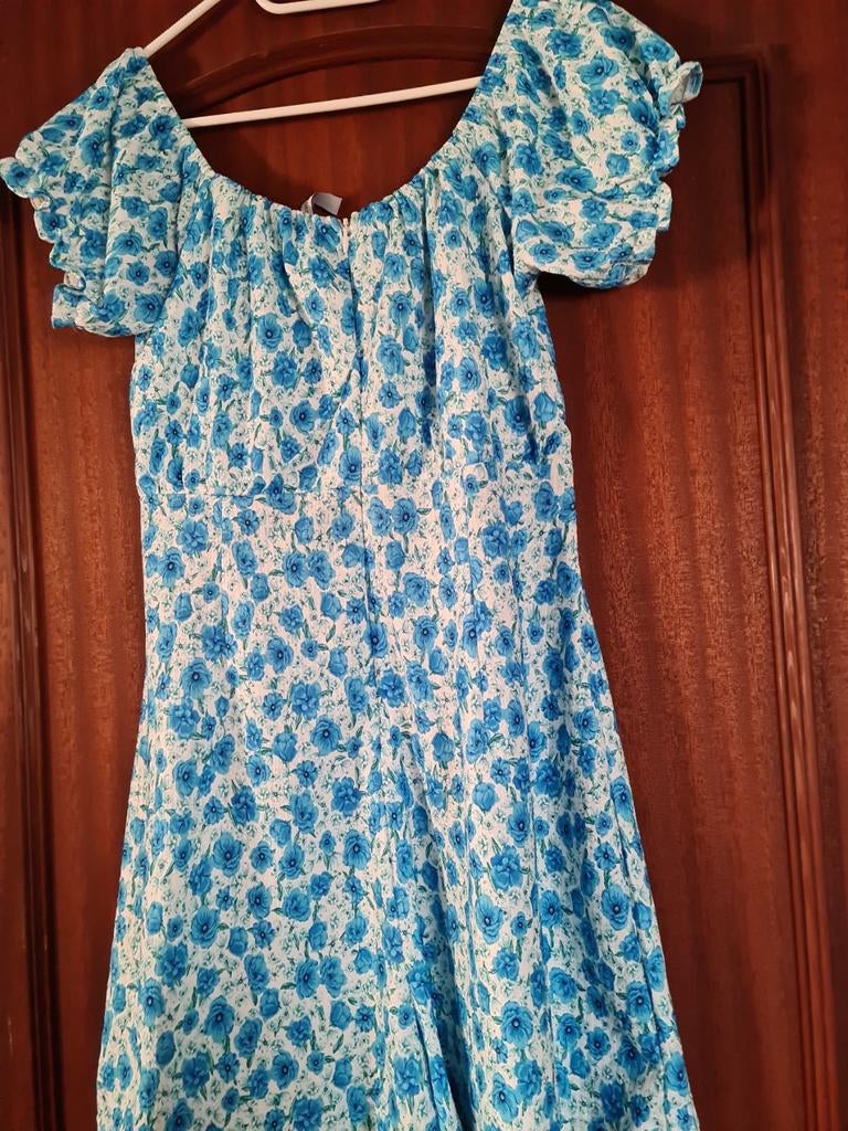 Blauwe korte jurk met TM-patronen, Kleding | Dames, Jumpsuits, Zo goed als nieuw, Maat 38/40 (M), Blauw, Ophalen of Verzenden