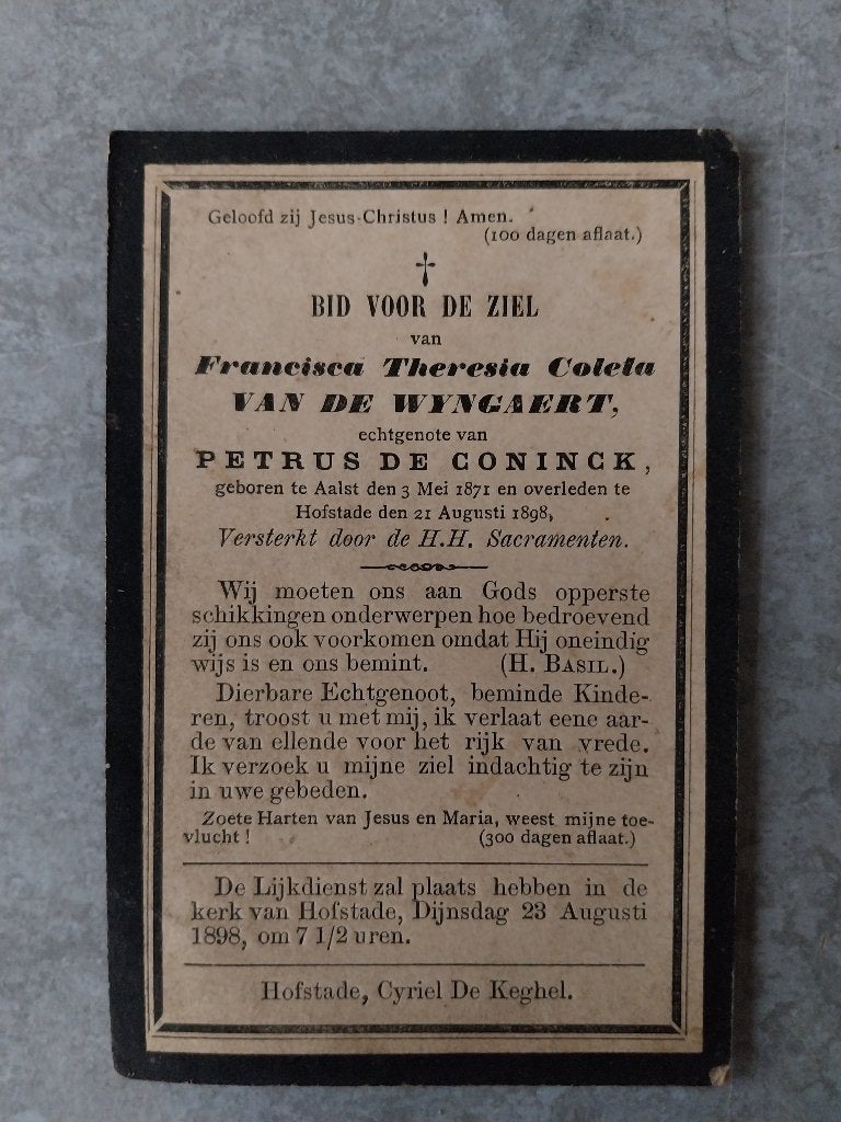Doodsprentje Van Den Wyngaert De Coninck Aalst 1898, Ophalen of Verzenden, Rouwkaart