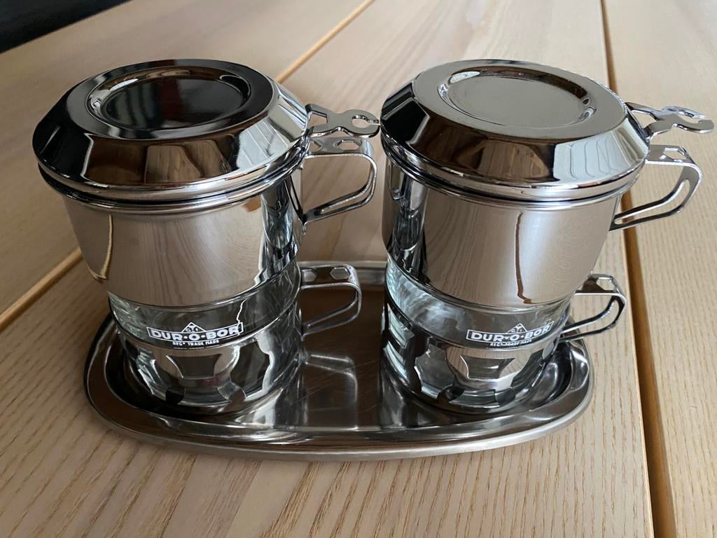Durobor vintage set 2 thee/koffie koppen met filter inox, Ophalen of Verzenden, Zo goed als nieuw, Inox